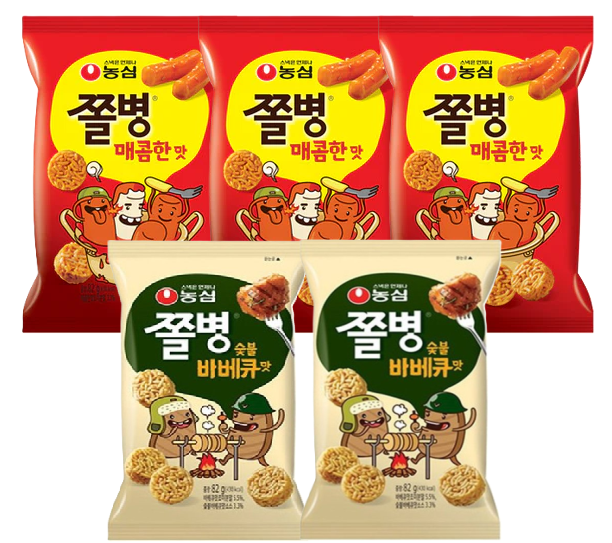 [묶음세일] 농심 쫄병스낵 매콤3+바베큐2 82g*5 NS Jjol Byung Snack Spicy + BBQ 82g*5