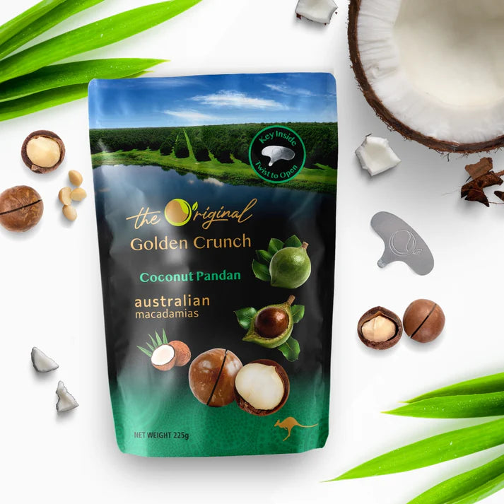 [✈️한국행 6kg 택배비 포함] 골든크런키 마카다미아 [코코넛판단] 20봉 1박스 Golden Crunch Macadamias [Coconut&Pandan] 225gX20